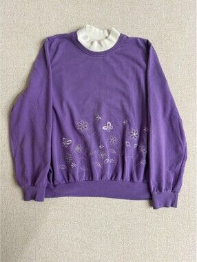 Vintage Alfred Dunner Womens Medium Purple Embroidered Mock Neck Sweatshirt